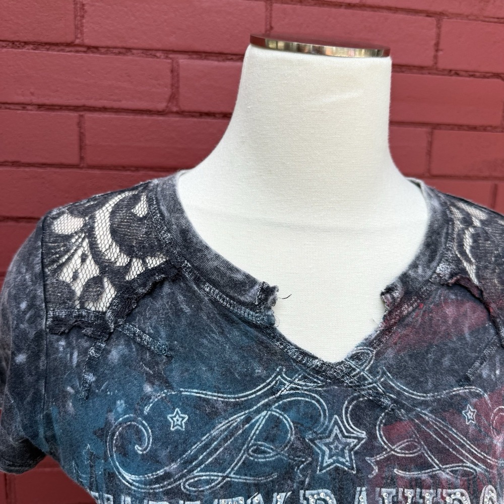 Harley Davidson Loud & Proud‎ Tee Womens Size Small Lace Accent American Flag - Picture 4 of 8